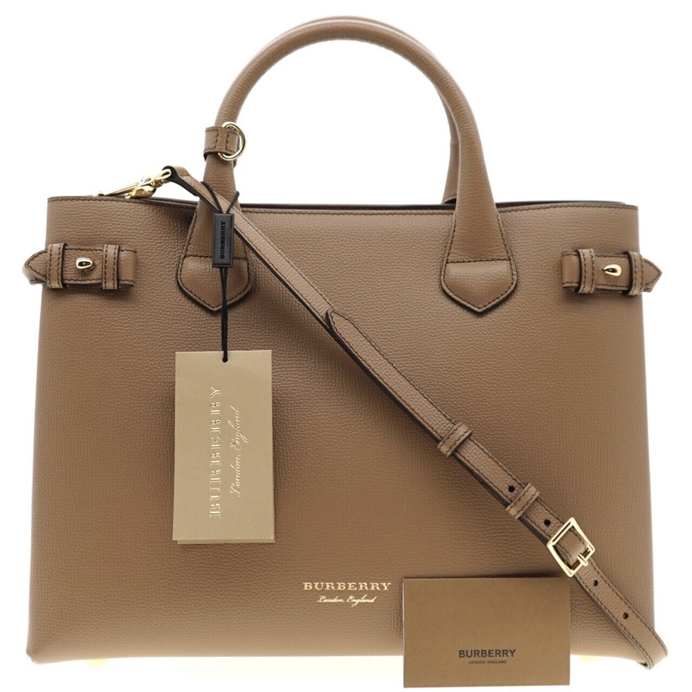 Burberry Banner Medium Tote Shoulder Bag Dark Sand Leather New - Picture 4 of 8